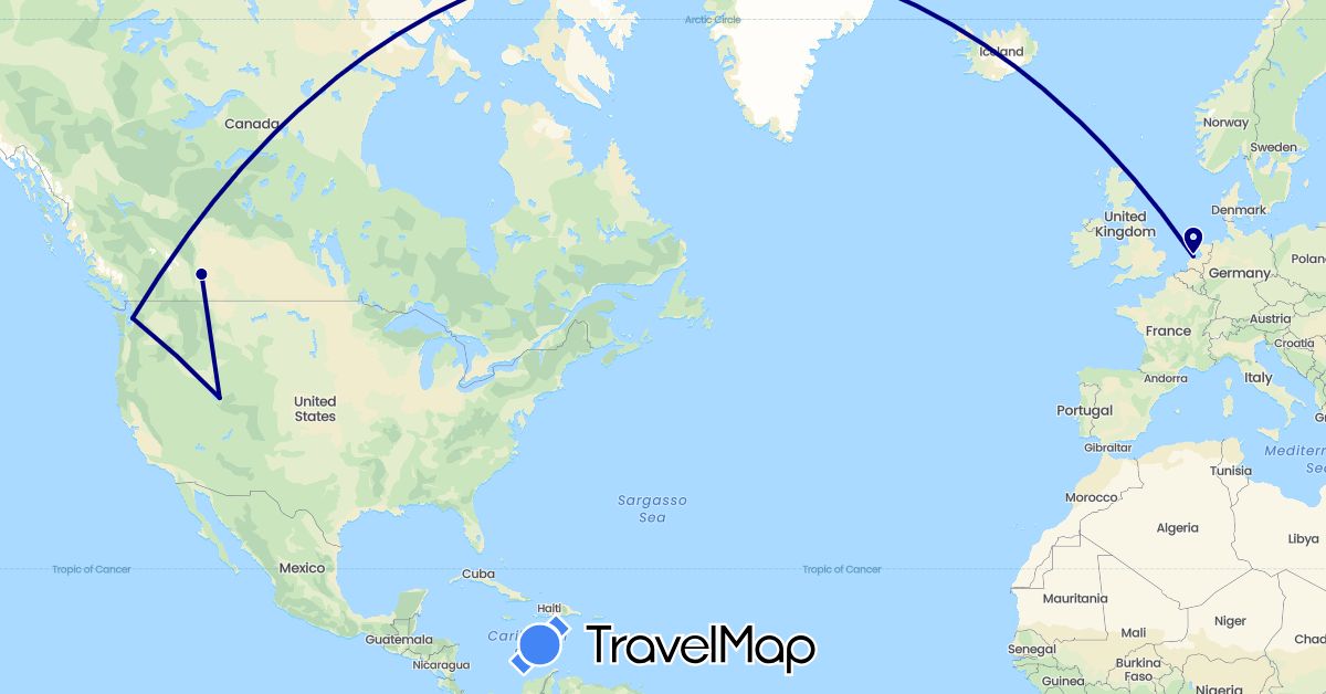 TravelMap itinerary: driving in Canada, Netherlands, United States (Europe, North America)